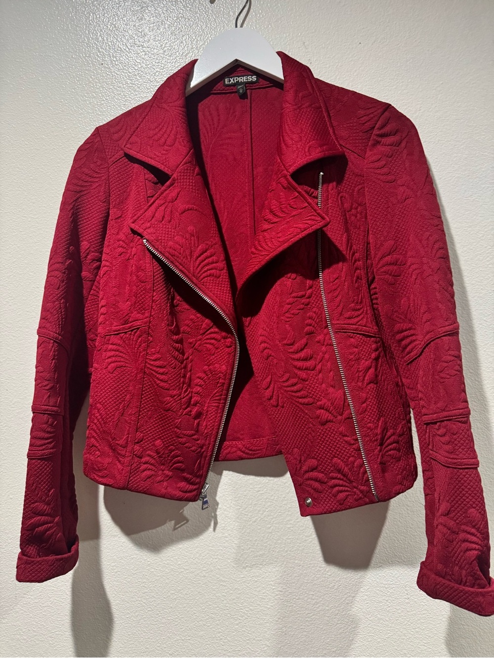 Express Women's Quilted Red Moto Jacket with Floral Texture